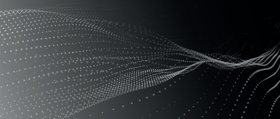 Poster - Futuristic dot wave. Abstract digital particle wave. Black and white music wave. Dark background. Digital background with smooth wavy curves. 3D vector illustration