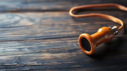 Poster - A wooden object with a strap rests upon dark wood