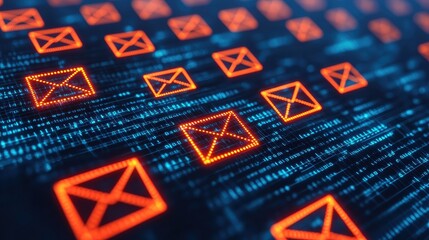 Poster - Digital Email Icons with Binary Code Background Representing Communication Technology and Connectivity