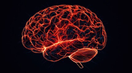 Poster - Luminous Red Brain with Vivid Neural Connections on a Dark Background in a Conceptual Visualization