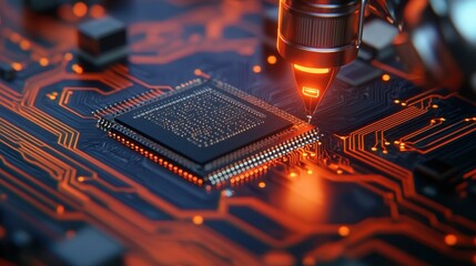 Poster - Close-Up View of a Microchip Soldering Process with Neon Orange Circuit Board and Precision Tool