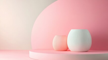 Poster - Two modern vases rest on a simple pink cylindrical platform