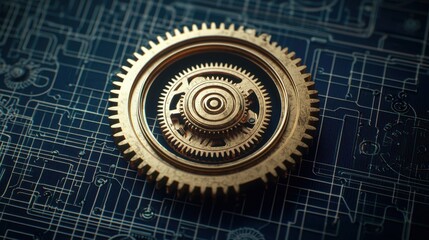 Poster - Intricate Gear on a Blueprint Background Featuring Mechanical Design and Engineering Elements for Technology Use