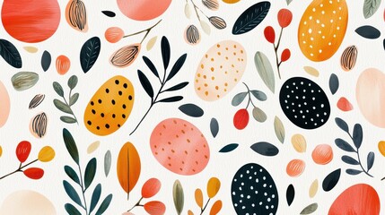 Poster - A vibrant, colorful pattern featuring decorative eggs and leaves, perfect for spring or Easter-themed designs.