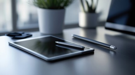 Poster - A modern desk workspace with tablet devices and accessories visible