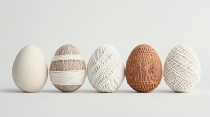 Poster - Five decorative eggs in neutral tones arranged in a line, showcasing a blend of textures and patterns against a minimalist background.
