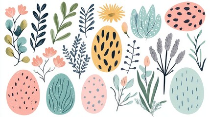 Poster - A vibrant collection of hand-drawn floral elements and patterned eggs, perfect for spring-themed designs and seasonal decorations.