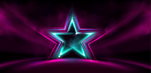 Poster - neon star glowing on dark stage. vector realistic illustration of award ceremony background, bright 