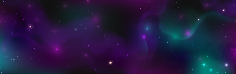 Wall Mural - vibrant outer space panorama with purple nebula cloud and teal cosmic dust. bright starry sparkles s