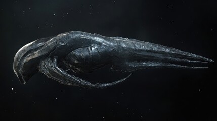 Poster - A dark textured alien spacecraft floating in deep space