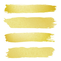 Poster - Golden paint brushes set isolated on white background. Vector realistic illustration of abstract yellow strokes, shiny gold foil pieces with uneven edges, glitter smear, sparkling color splash texture