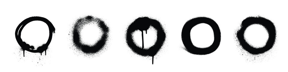Poster - Spray paint circles set isolated on white background. Vector realistic illustration of round black signs with ink splatter, grungy street art elements, circular frame, distressed graffiti on wall