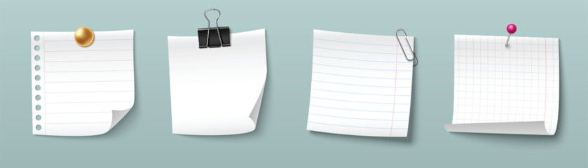 Poster - paper notes with different fasteners. lined sheet with metal clasp, blank page attached by binder cl