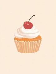 Poster - Minimalist cupcake logo design showcasing an elegant cherry atop warm pastel colored frosting ideal for bakery branding and identity