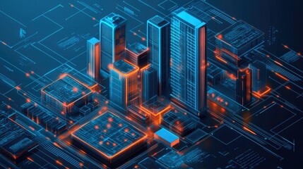 Poster - futuristic cityscape with glowing buildings and intricate grid p