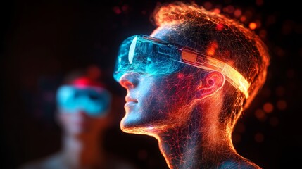 Poster - Man wearing a blue virtual reality headset is looking at a glowing face