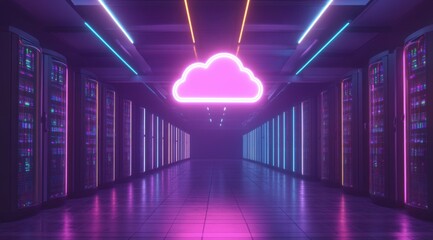 Poster - Glowing neon cloud icon hovering over rows of futuristic server equipment in a data center server room, with powerful, bright and colorful lighting. Concept of cloud storage and digital technology.
