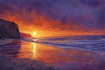Poster - Fiery sunset paints the sky and ocean with vibrant orange and purple hues, casting a magical glow on the tranquil beach.