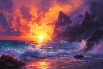 Poster - Vibrant sunset over dramatic ocean cliffs, waves crashing on the shore, fiery sky.