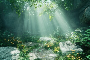 Poster - Sunbeams pierce a misty, green forest, illuminating a path strewn with rocks and wildflowers.
