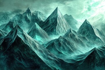 Aufkleber - A breathtaking vista of teal-hued, majestic mountains shrouded in mist, creating an ethereal landscape.