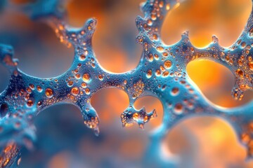 Poster - Abstract microscopic image showcasing a complex, interconnected network of blue structures with orange bubbles.