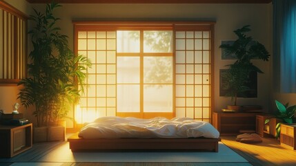 Poster - A tranquil and serene bedroom illuminated by soft natural light