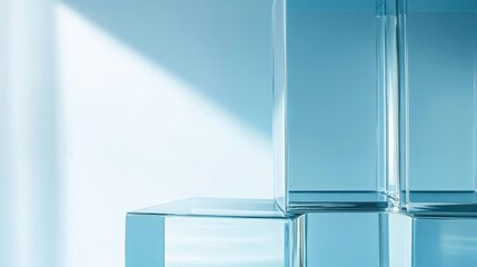 Poster - Transparent glass cubes are stacked against a light blue backdrop