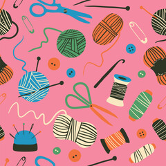 sewing, knitting, crochet seamless pattern. texture with hobby supplies. thread, needle, scissors, y