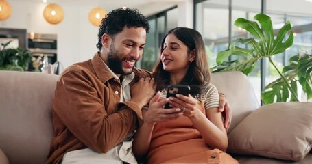 Poster - Love, phone and pointing with couple on sofa in living room of home for communication or social media. App, mobile search or smile with man and woman in apartment together for bonding or browsing