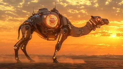 Robotic camel at sunset in desert.