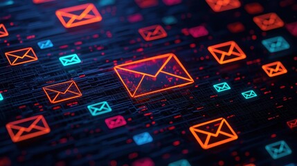 Poster - Futuristic Email Communication Concept with Neon Envelope Symbols and Digital Patterns on Dark Background