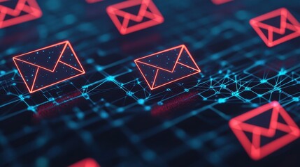 Poster - Futuristic Email Icon on Digital Network Background with Bright Neon Colors and Abstract Technology Elements