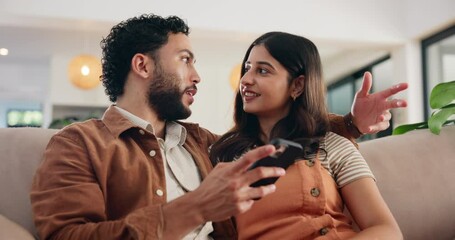 Poster - Couple, phone and happy on sofa, scroll and talking with search for holiday resort, booking and location. People, man and woman with smartphone, mobile and planning vacation in lounge at apartment