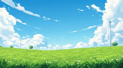 Wall Mural - A beautiful sunny day with green grass and wind turbines