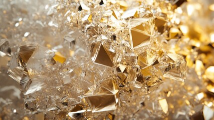 Poster - abstract composition of golden and transparent geometric crystals reflecting light