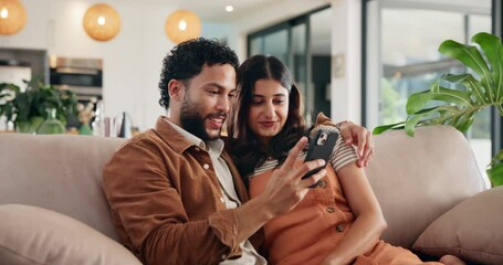Poster - Happy couple, kiss and selfie in home for love, bonding and talk together for memory of marriage. Man, woman and picture for photography on sofa, social media or romance with partner in relationship