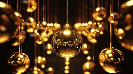 Poster - shiny golden spheres hanging in rows creating a mesmerizing abstract display