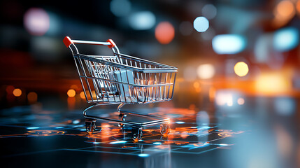 Poster - Shopping cart in digital space virtual marketplace e-commerce image futuristic environment close-up view technology concept