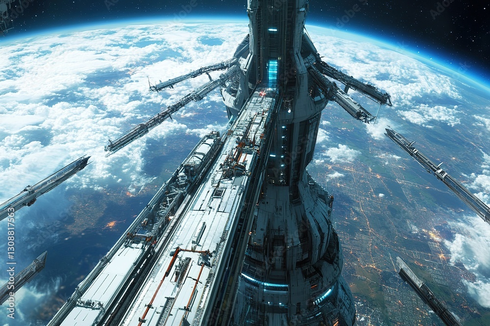 A breathtaking space elevator connecting Earth to a massive orbital ...