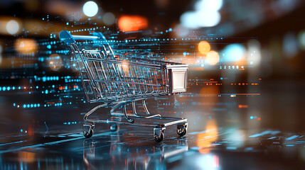 Poster - Digital shopping cart display urban environment technology concept futuristic shopping experience night view