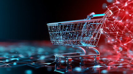 Poster - Innovative shopping experience virtual cart digital marketplace 3d graphics futuristic environment close-up view e-commerce concept