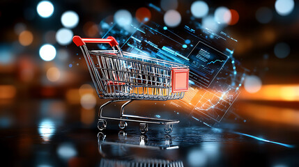 Poster - e-commerce shopping cart with digital insights online marketplace 3d render futuristic close-up reta