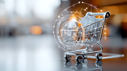 Poster - Shopping cart innovation modern retail environment digital marketing visual urban setting close-up view e-commerce technology