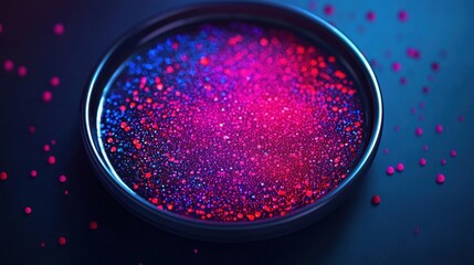 Poster - Vibrant Abstract Light Patterns in Circular Dish with Vivid Purple and Pink Color Speckles on Dark Background