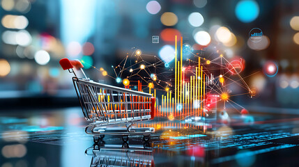 Poster - E-commerce growth trends digital marketplace infographic data urban environment aerial view marketing insights