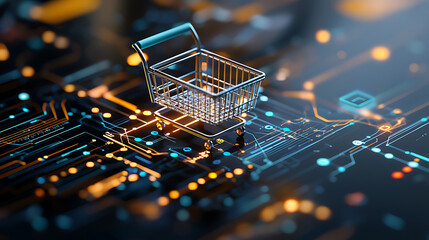 Poster - E-commerce innovation digital shopping cart on futuristic circuit board technology environment macro viewpoint