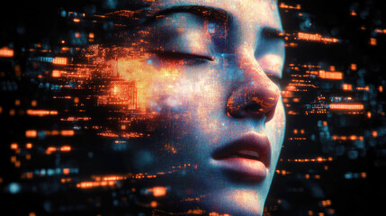 Poster - A captivating digital portrait blending technology and art, featuring a serene face surrounded by vibrant light patterns and data streams.