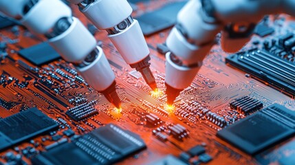 Poster - Robotic Arms Assembling Circuit Board on Bright Orange Background in High-Tech Manufacturing Environment