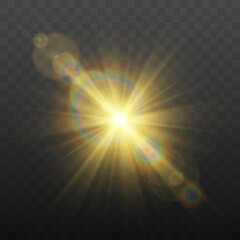 Fototapete - Realistic sunlight with subtle starbursts. Glowing lines and sparkles create a dreamy lens flash. Vector transparency adds depth to the decorative light effects.